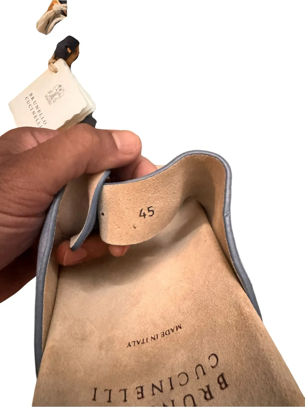 Brunello Cucinelli Suede Double-Buckle Slides in Dusty Blue